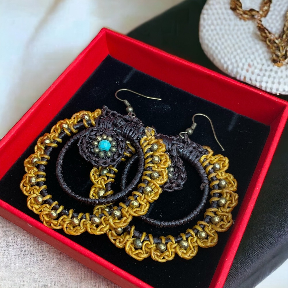Pannee Shuttle Round‎  Earrings Loop In Yellow Hand Crochet Macrame W/ Turquoise